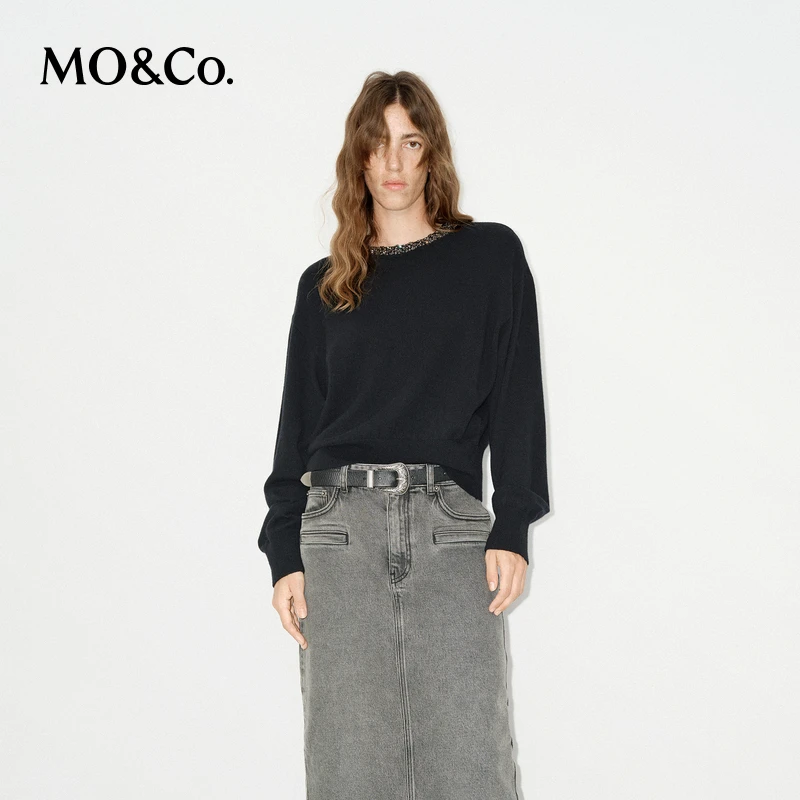 MOCO针织衫毛衣冬绵羊毛×山羊绒手工钻饰黑色MBD4SWT044