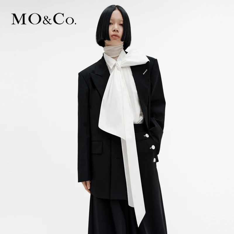 MOCO西装秋冬绵羊毛挺括垫肩裁边戗驳领艺术车线外套MBC4BLA008