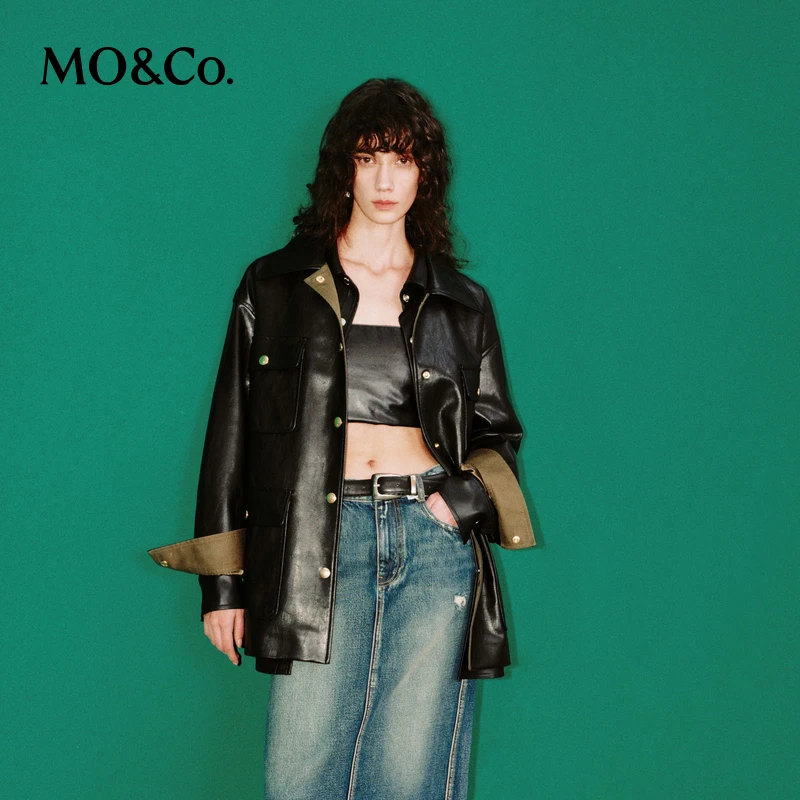MOCO春季油蜡感素皮重工压胶工装口袋夹克外套MBD1COTK01