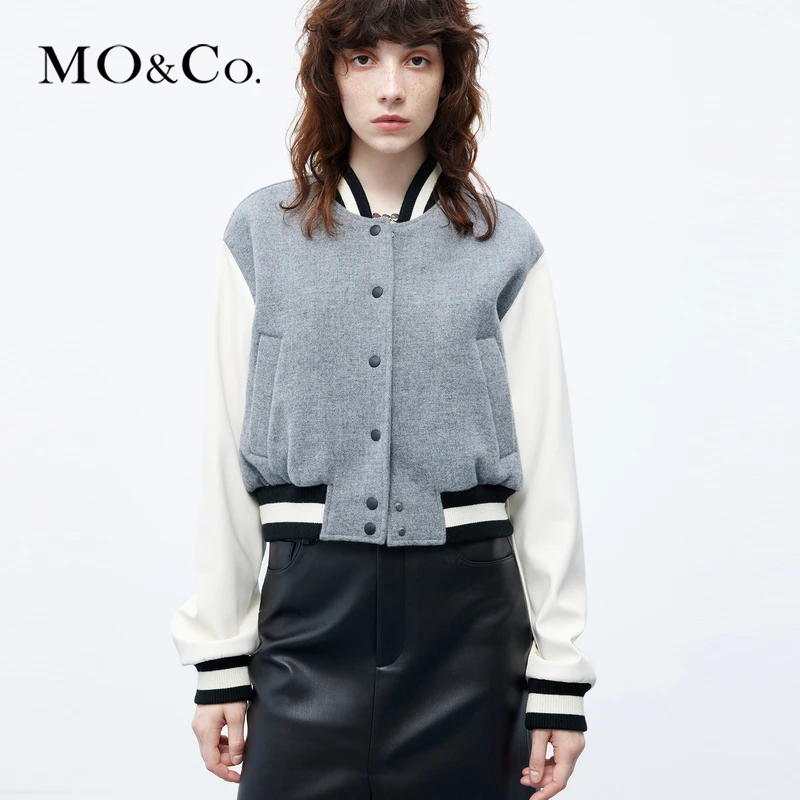 MOCO秋撞色皮袖拼接绵羊毛棒球服外套美式复古MBC3COTT12