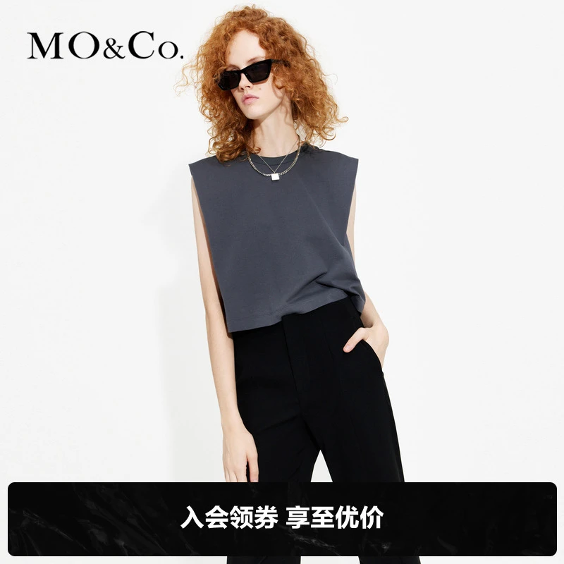 MOCO夏短款宽肩箱型织唛圆领无袖棉质宽松T恤MBC2TEE007
