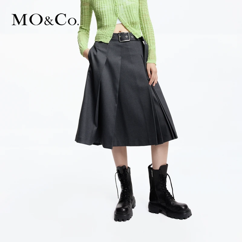 【格雷系】MOCO春压褶方扣附腰带高腰A字半身裙MBD1SKT032