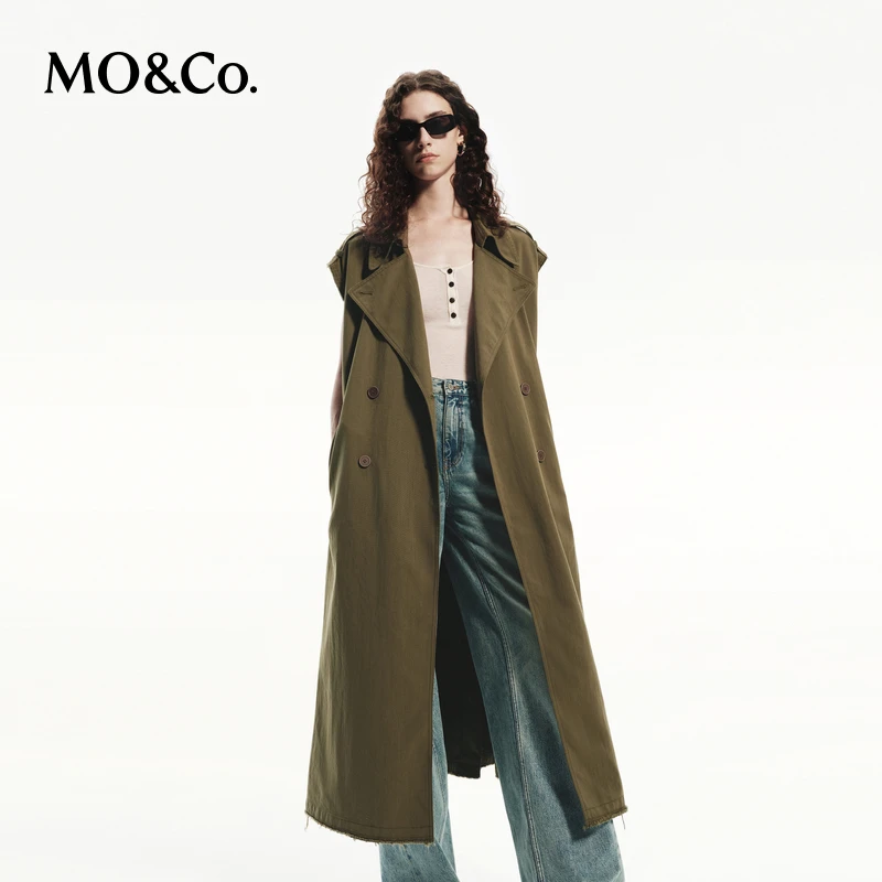 【流光风】MOCO秋复古藤绿色毛边长款风衣外套(附腰带)MBD3COT003