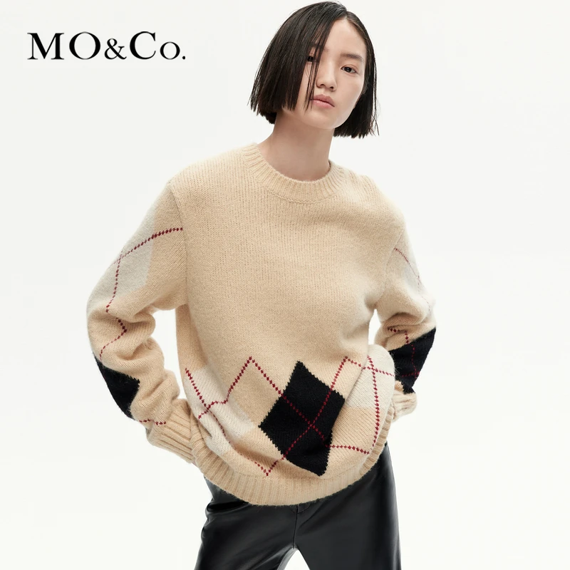 MOCO冬高比例绵羊毛菱格纹宽松廓形毛衣MBC4SWT036