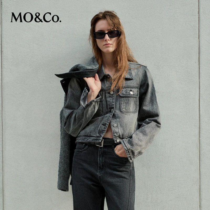 MOCO秋洗磨冷灰色T型短款棉质牛仔夹克外套MBD3JKT005