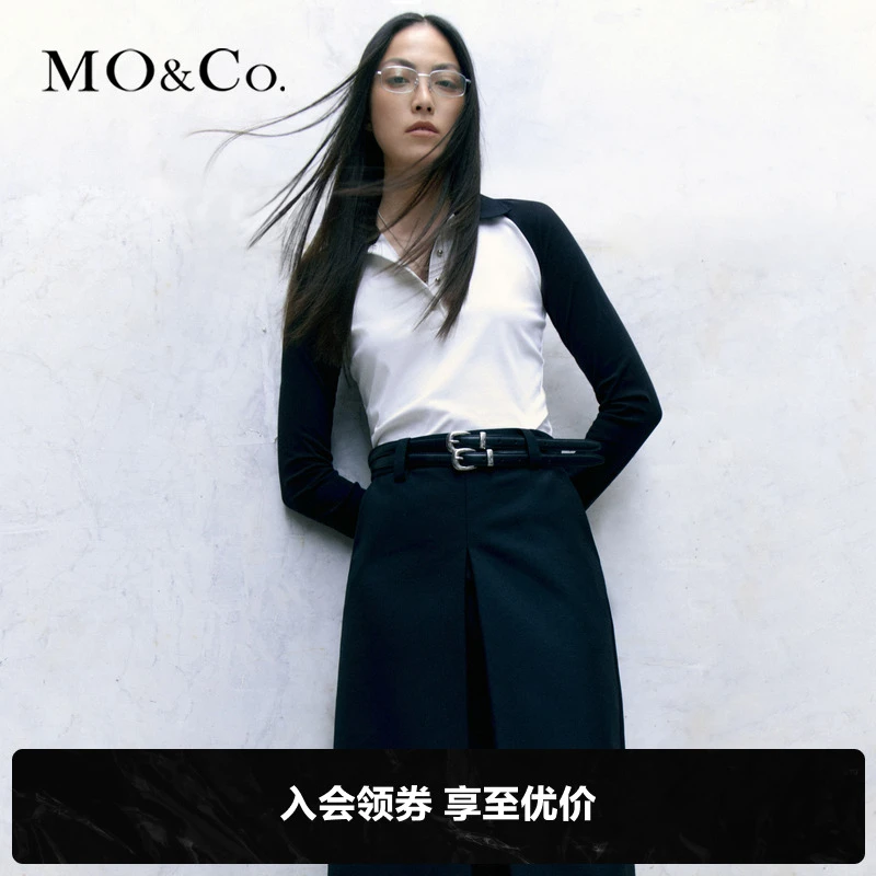 MOCO秋辣妹POLO领撞色插肩短款长袖T恤轻职场MBC3TEET14