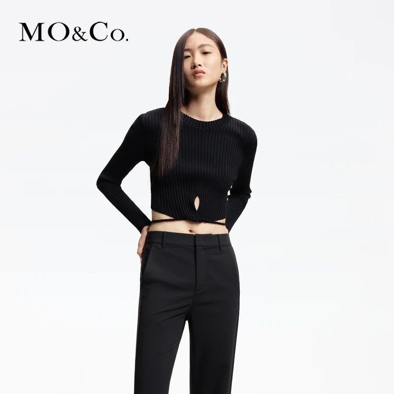 MOCO春坑条纹交叉绑带短款露腰修身长袖针织衫MBD1SWT021