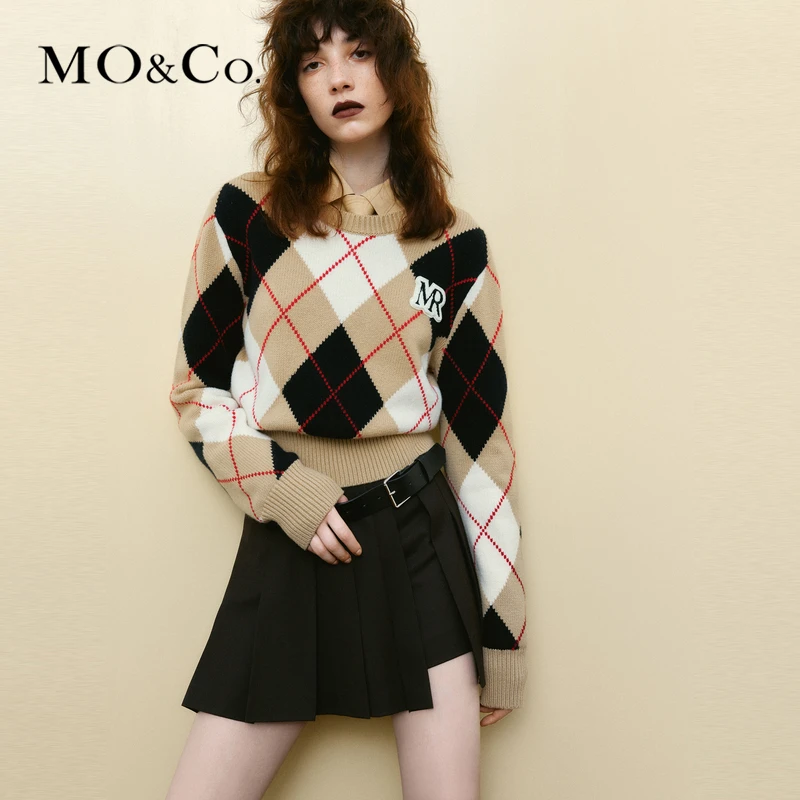 MOCO春秋冬山羊绒绵羊毛手工挂毛格纹毛绒章仔短款毛衣MBC3SWT025