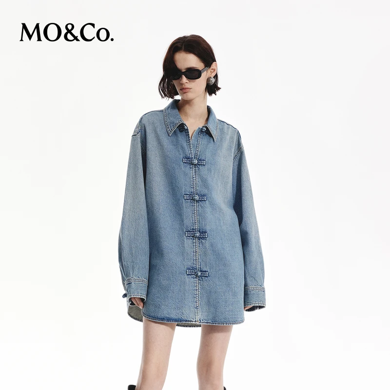 MOCO新中式盘扣棉质斑驳落色宽松牛仔衬衫MBD3SHT027