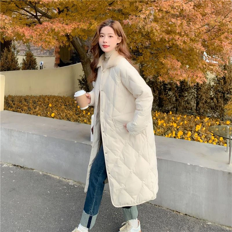 菱格韩版中长款羽绒服女2024冬季宽松过膝学生翻领轻薄显瘦面包服