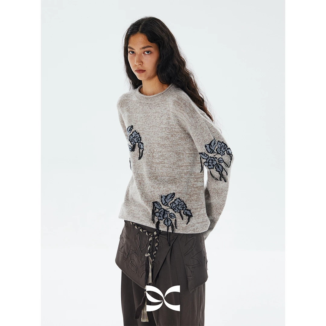 square circle 方圆 燕麦色手工流苏花朵图案宽松提花毛衣