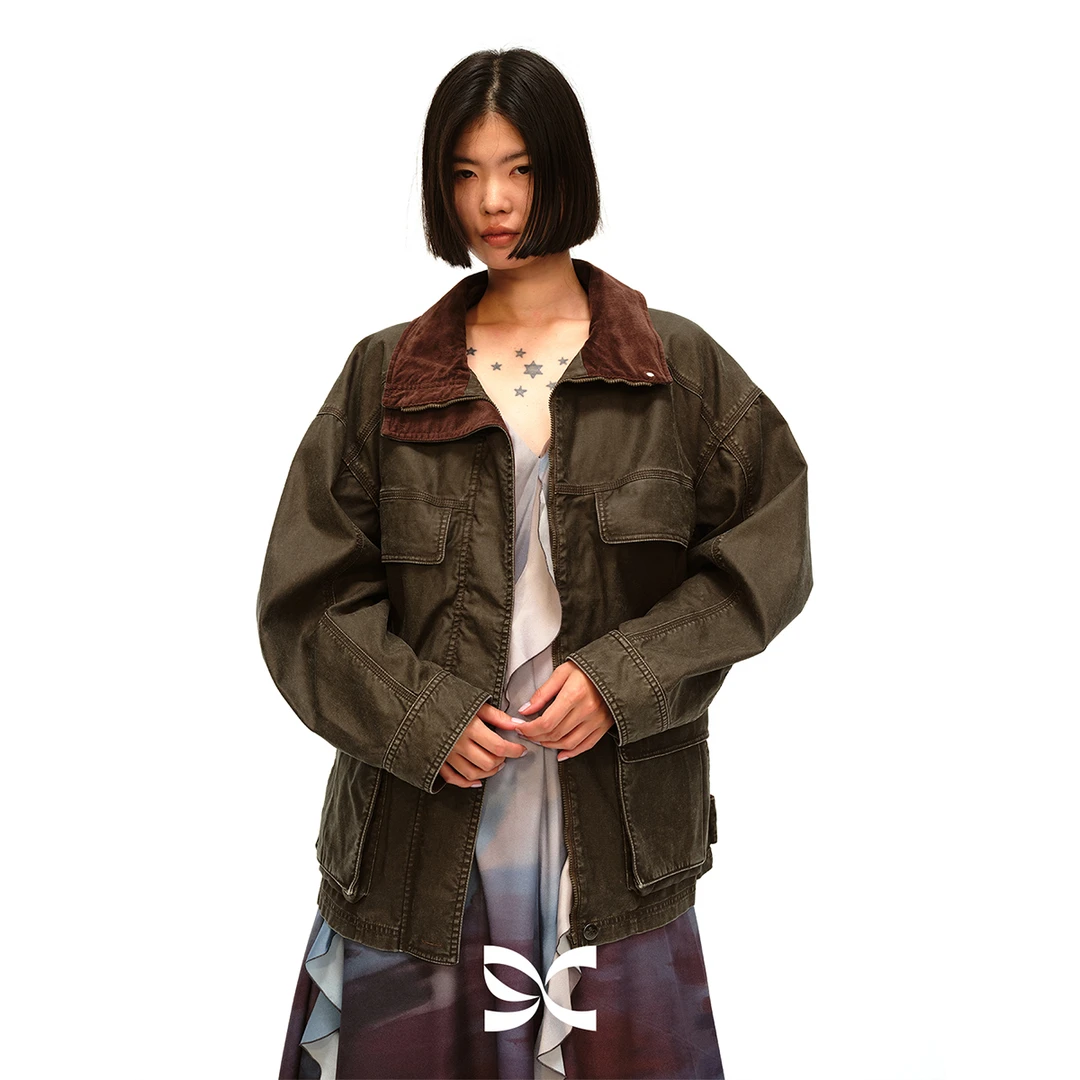 Square Circle方圆宽松水洗复古做旧灯芯绒翻领猎装夹克外套
