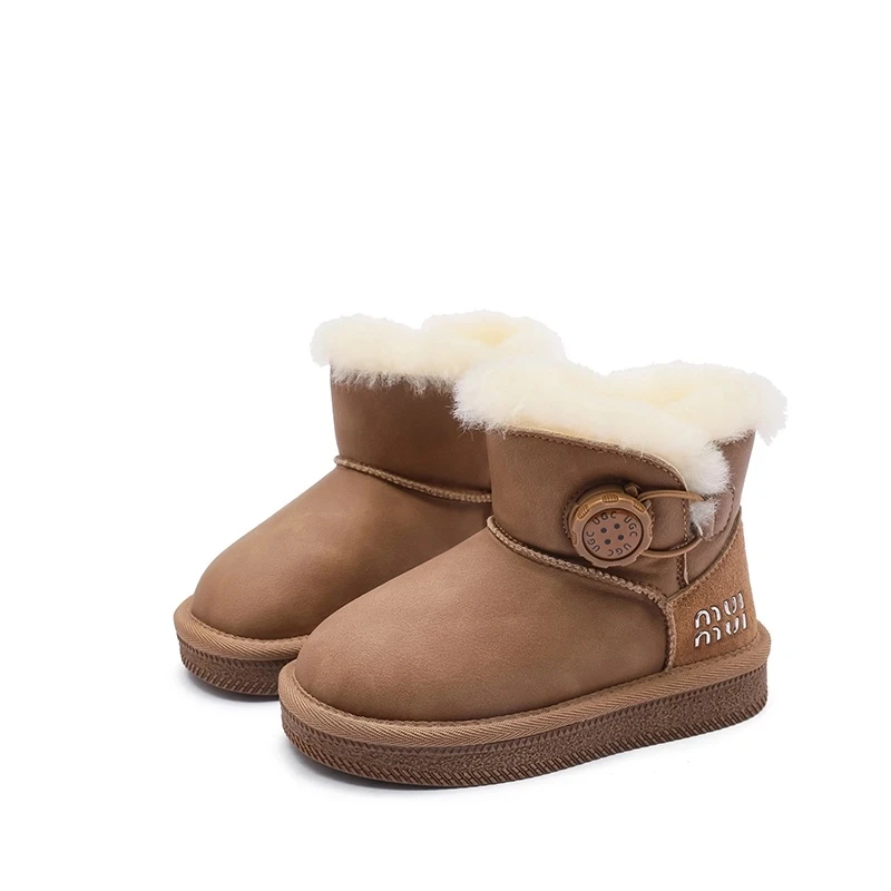 2024新款儿童真皮裘皮旋转扣防水雪地靴大棉加厚防滑保暖男童女童