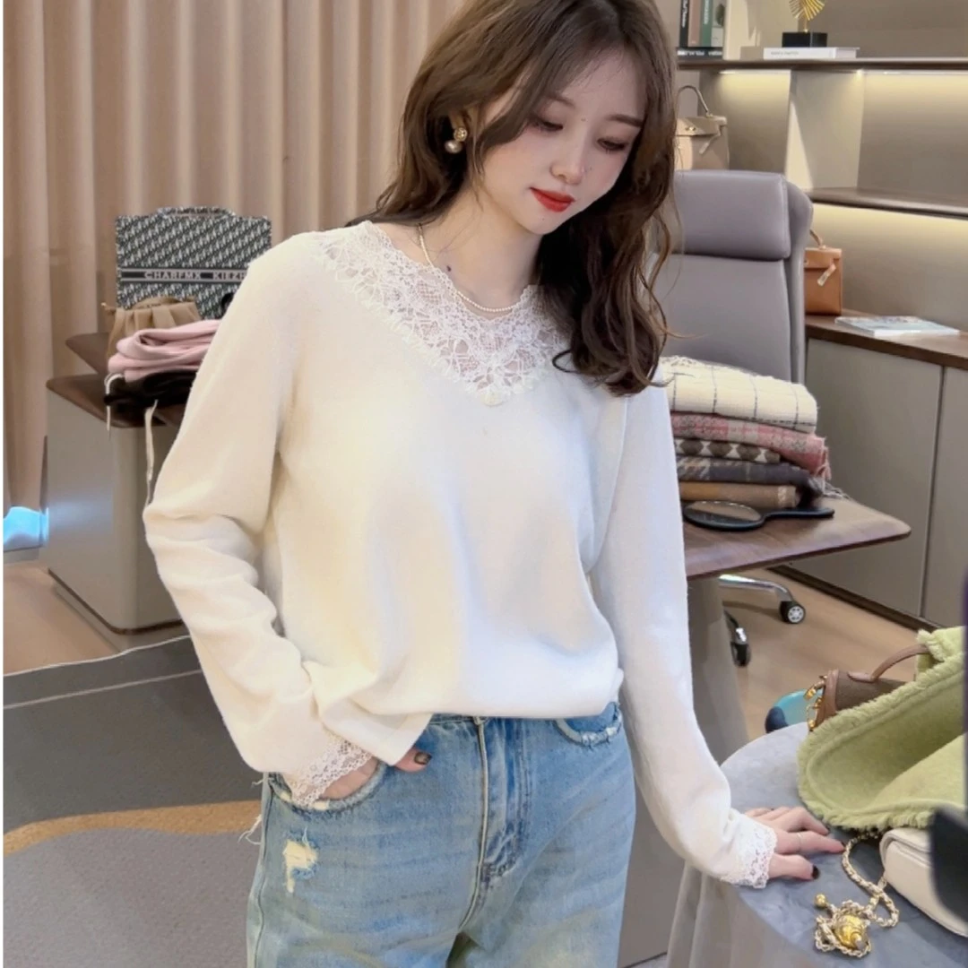 【亦然女装】优雅气质复古拼接蕾丝v领针织衫春秋内搭女显瘦女人味