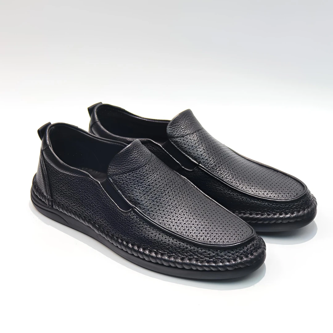 339镂空时尚男士夏季套脚透气手工皮凉鞋软皮软底黑色高奢鹿皮