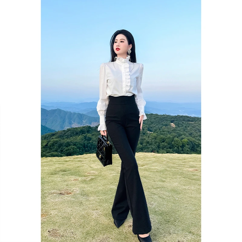 格润雅【奢雅典范】设计感法式长袖上衣高腰显瘦微喇裤时尚气质套装