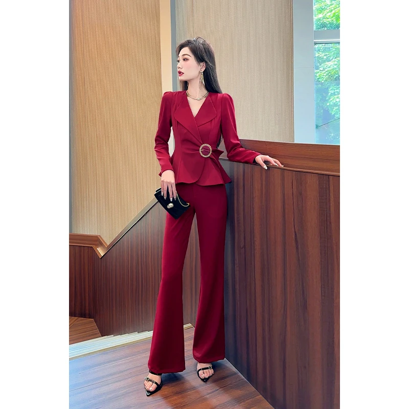 【雅韵】气质职业套装秋季2025新款设计感修身收腰上衣喇叭裤两件套