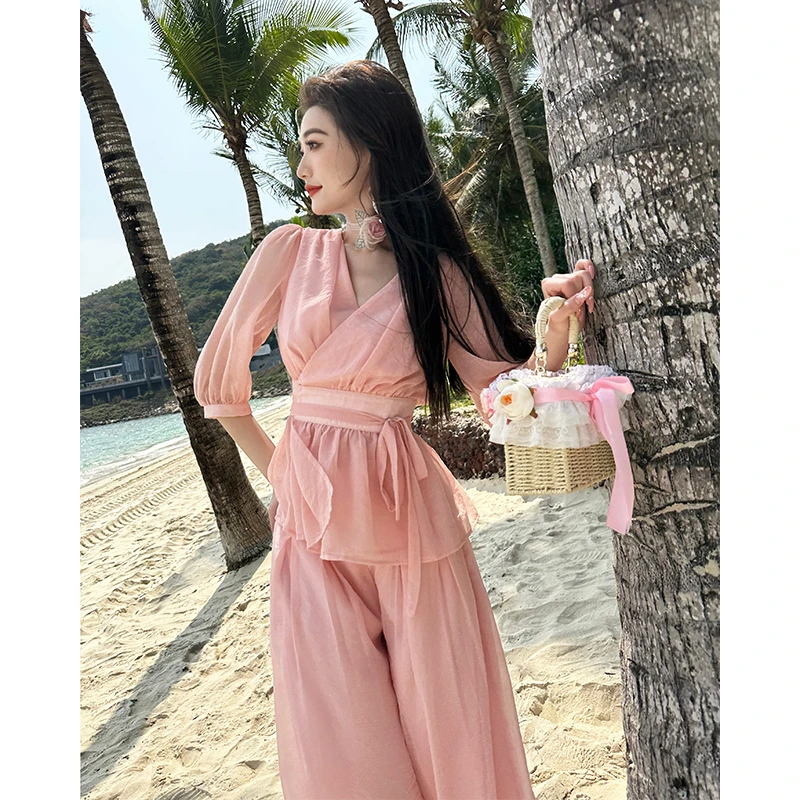 格润雅气质女神范五分袖套装春季新款v领收腰显瘦上衣垂感阔腿裤