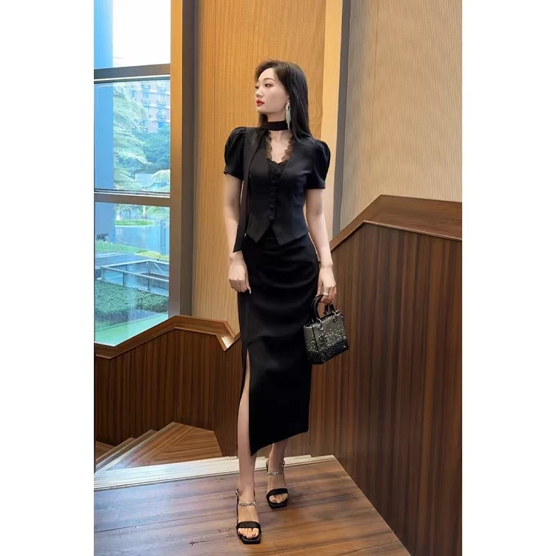 格润雅【花与梦境】气质套装裙女2025优雅蕾丝上衣高腰半身裙两件套