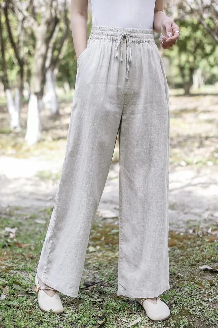 新国风复古文艺百搭宽松显瘦高腰纯色亚麻直筒裤