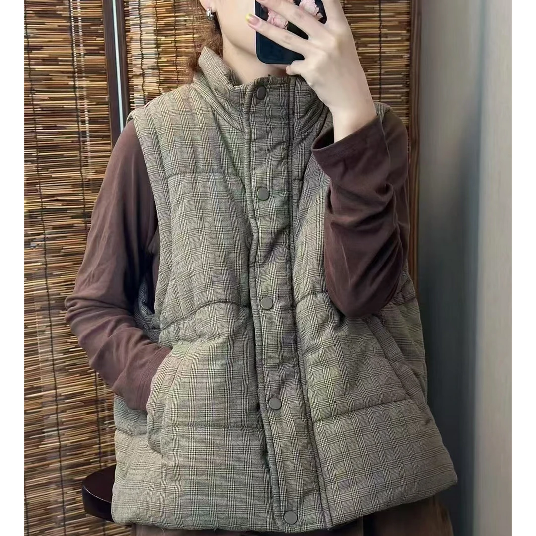 秋冬夹棉格子马甲外套女复古保暖显瘦外套上衣9307