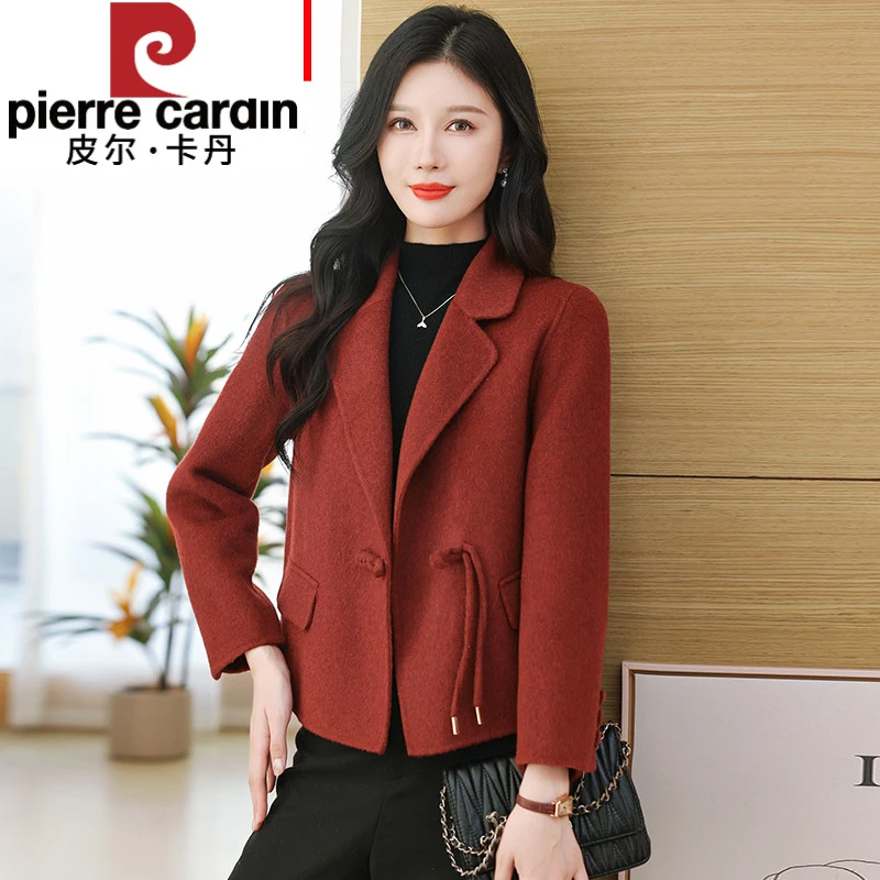 皮尔卡丹2024秋冬双面大衣中年女短款毛呢外套小个子妈妈西装领气