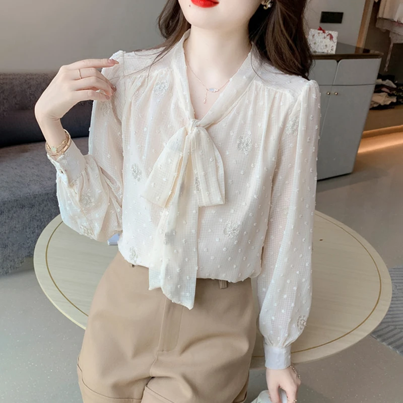 法式蝴蝶结系带长袖雪纺衬衫女士春秋气质上衣洋气漂亮别致小衫