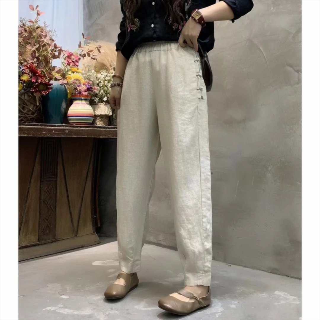 文艺高支亚麻裤民国风手工盘扣麻裤休闲纯色女裤显瘦哈伦裤小脚裤