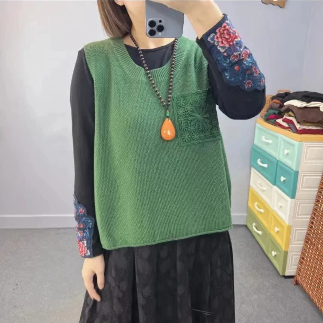 2025新款蕾丝口袋圆领针织棉线背心马甲女纯色宽松大码百搭短坎肩