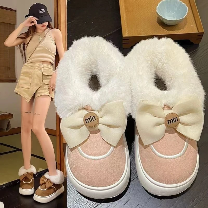 时尚蝴蝶结加绒韩版一脚蹬雪地棉鞋保暖秋冬圆头新款绒面女鞋棉鞋