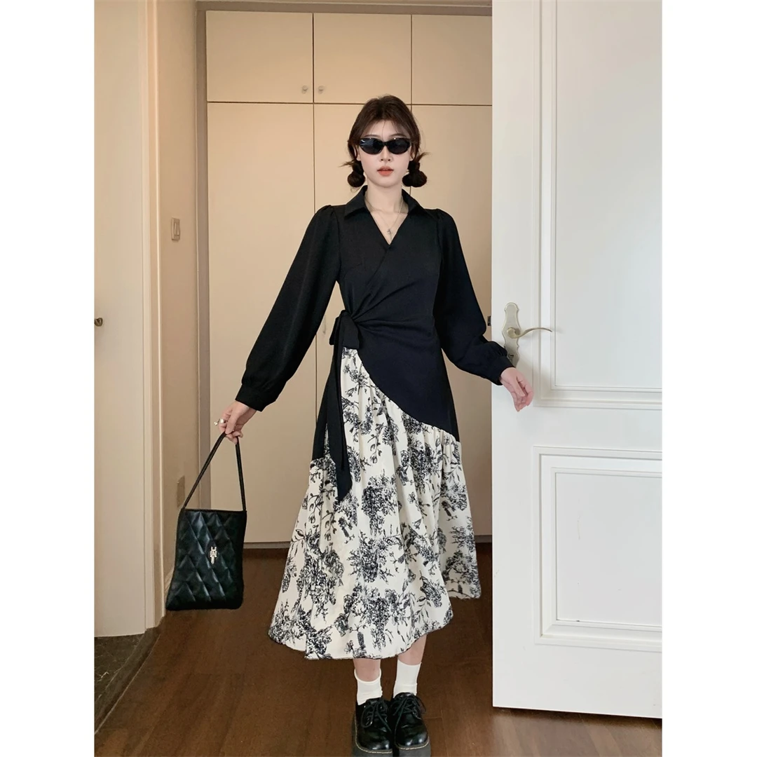 2024新款假两件绝美茶歇收腰显瘦拼接设计感国风不规则连衣长裙女