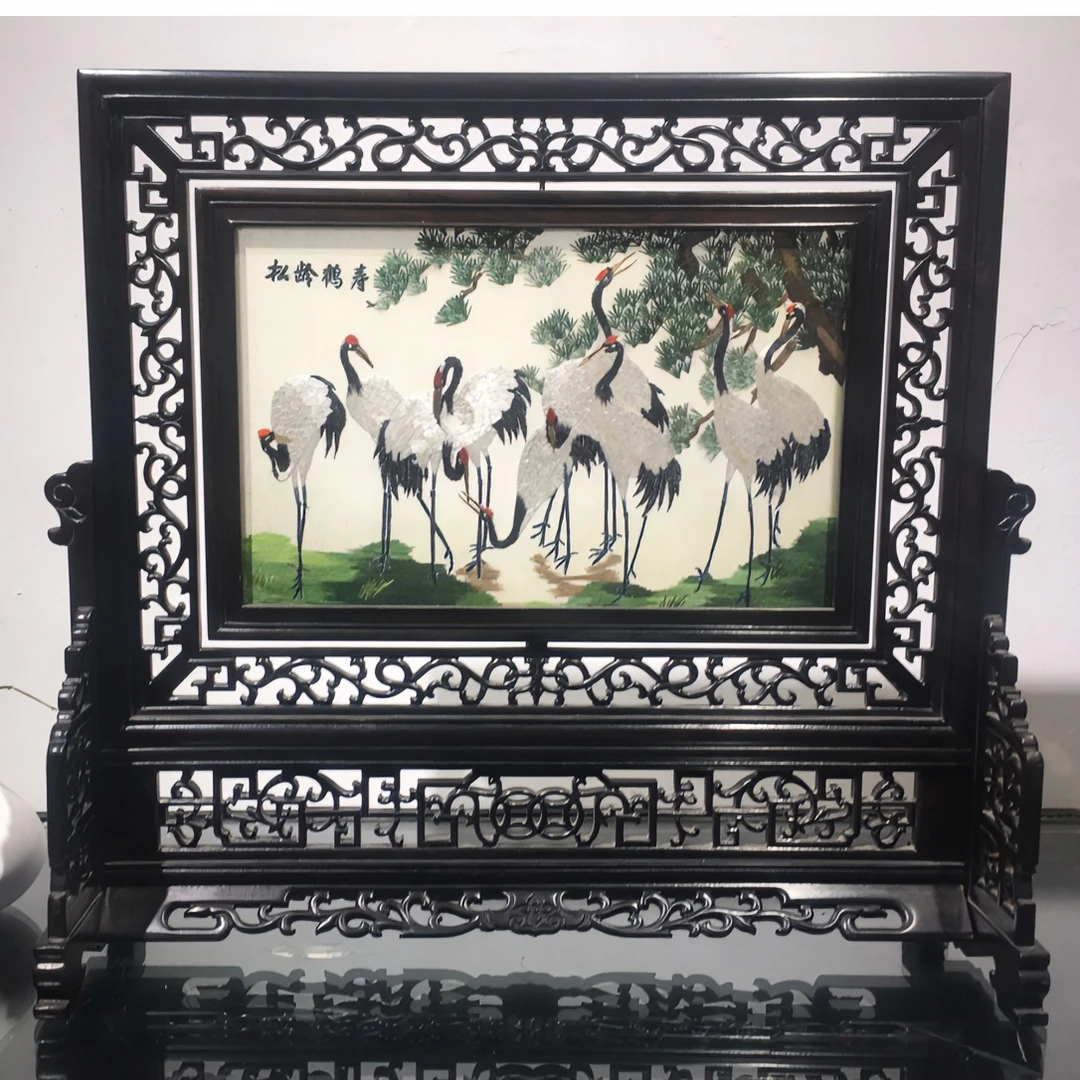 苏绣檀木款摆件松龄鹤寿双面绣贺寿礼品中式古典刺绣工艺品非遗