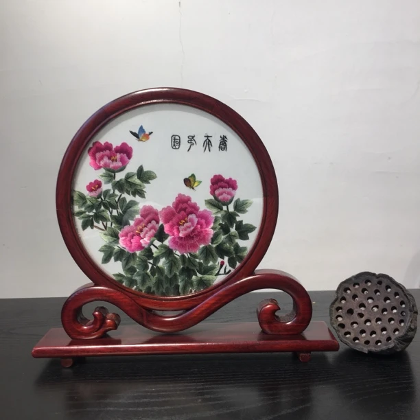 精品如意款摆件中国风纯手工刺绣红木摆台非遗苏绣双面绣