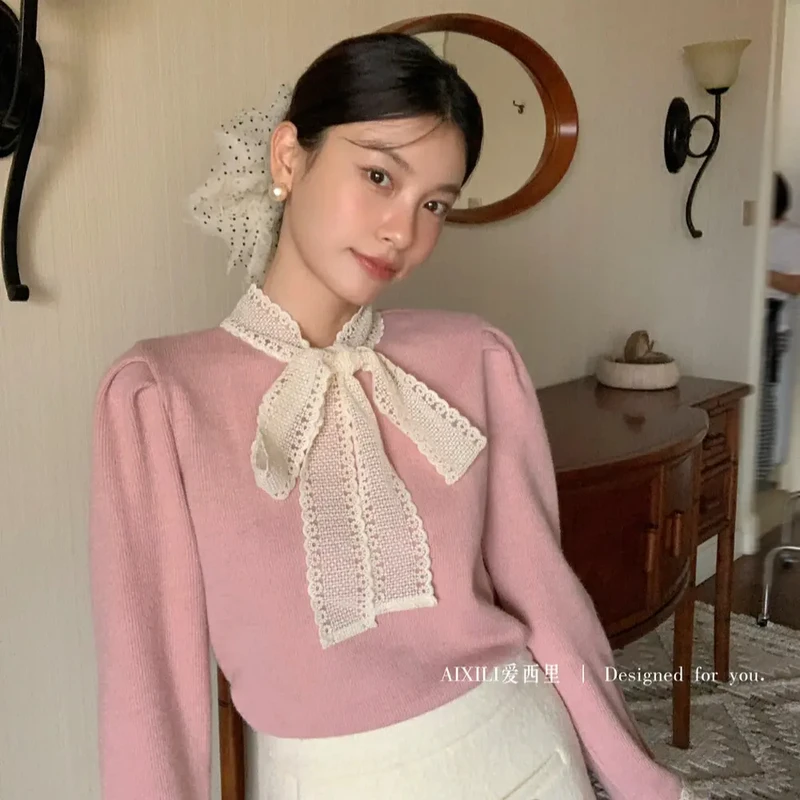 法式温柔风系带蝴蝶结设计显瘦百搭上衣针织衫2024冬季内搭打底衫