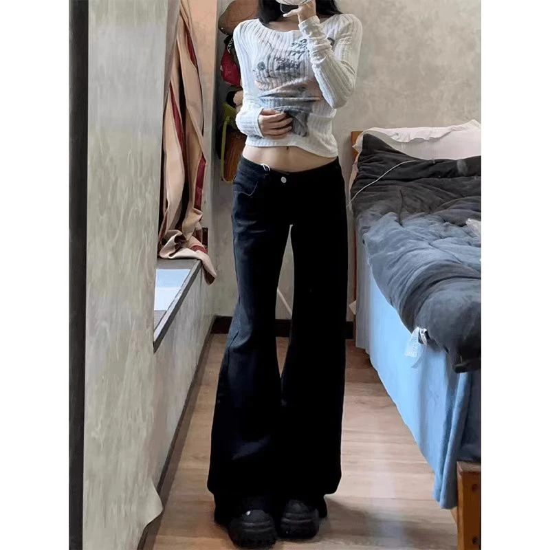 辣妹低腰黑色微喇叭牛仔裤女秋季新款宽松显瘦百搭阔腿直筒长裤子