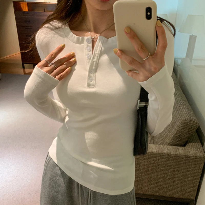 半开领针织t恤女2024秋冬季新款韩版修身圆领长袖内搭打底衫上衣