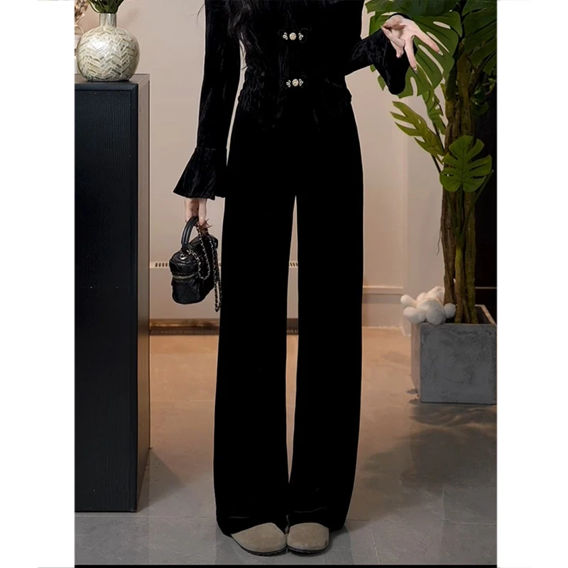 时尚休闲高腰显瘦黑色丝绒阔腿裤