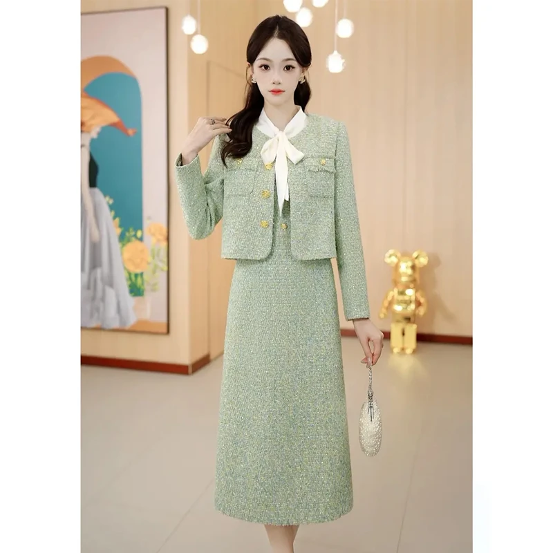 小香风外套装连衣裙子2024新款春秋旗袍高端修身广州十三行两件套