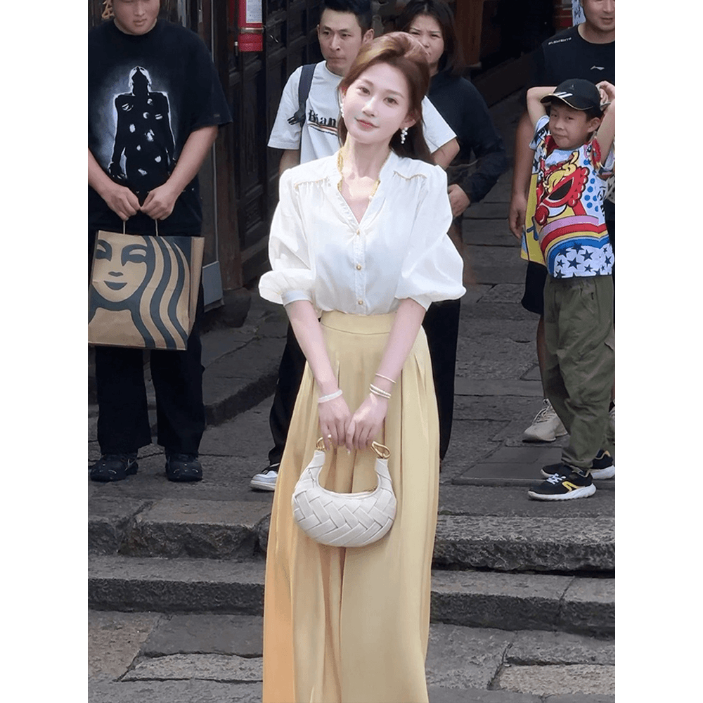 今年流行的小个子显高时尚减龄白色衬衫阔腿裤套装女夏装2024新款