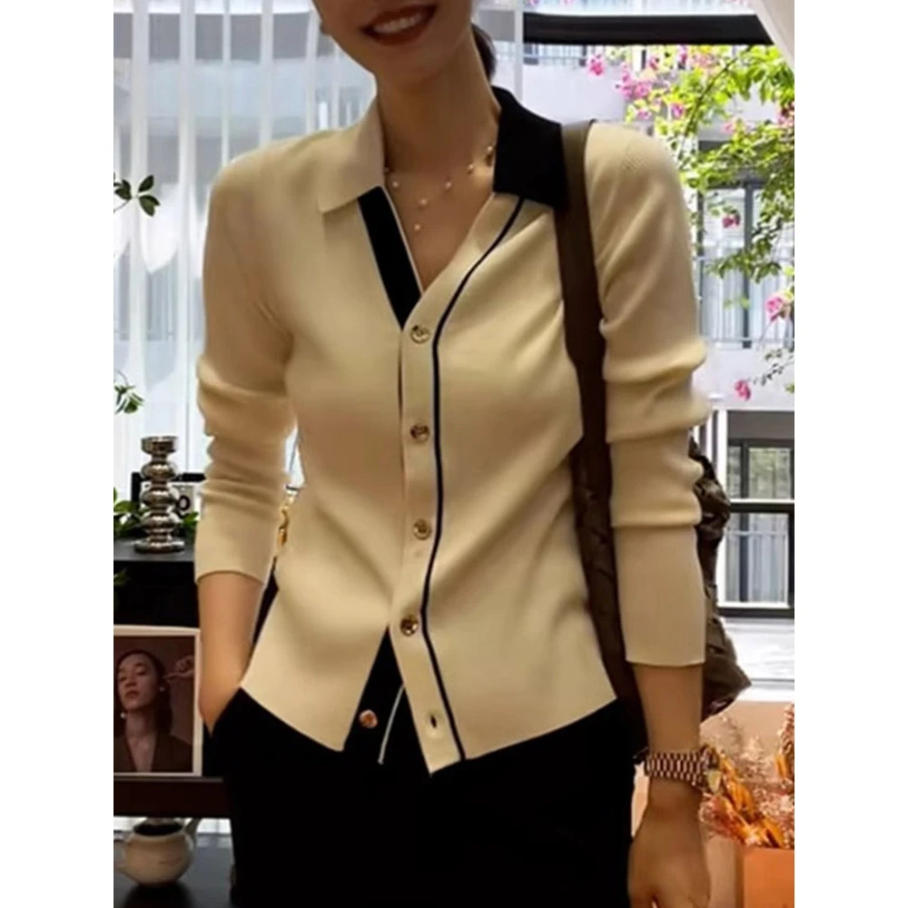 撞色设计感上衣冰丝针织开衫显瘦新款舒适长袖气质高级感打底衫女