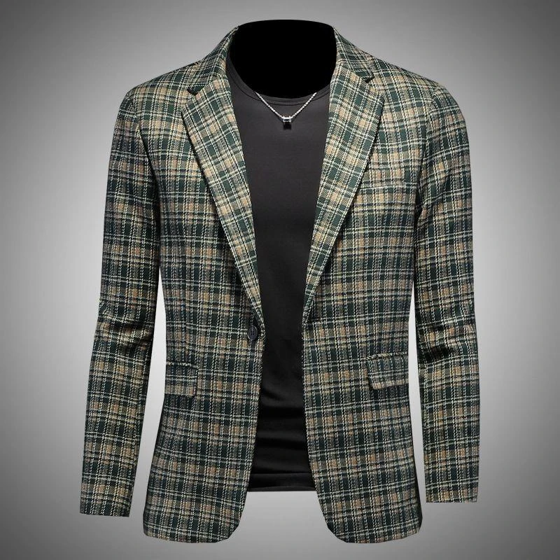 欧货春秋新款高档格子英伦风西装男士外套商务正肩开叉西服上衣男