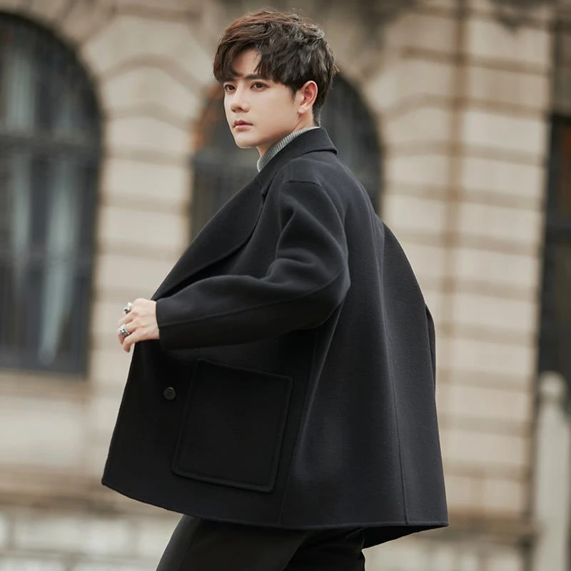 欧货秋冬季新款加厚双面呢子大衣男士短款韩版风衣休闲西装外套潮