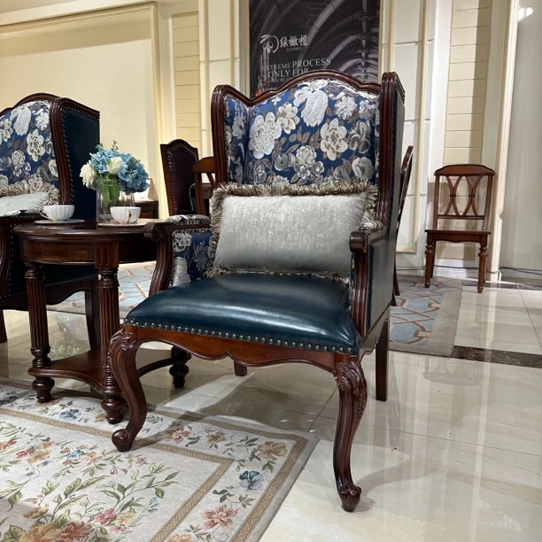 【品牌代工】X131美式风格休闲椅头层牛皮加布艺美式沙发休闲沙发