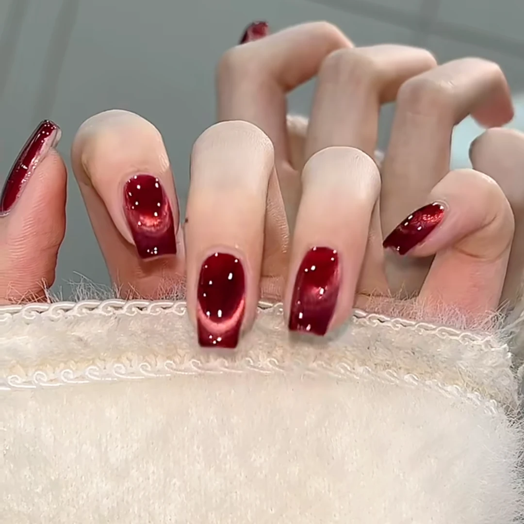 【镜面红猫眼】酒红色猫眼美甲高级中长款美甲红色系穿戴甲秋冬