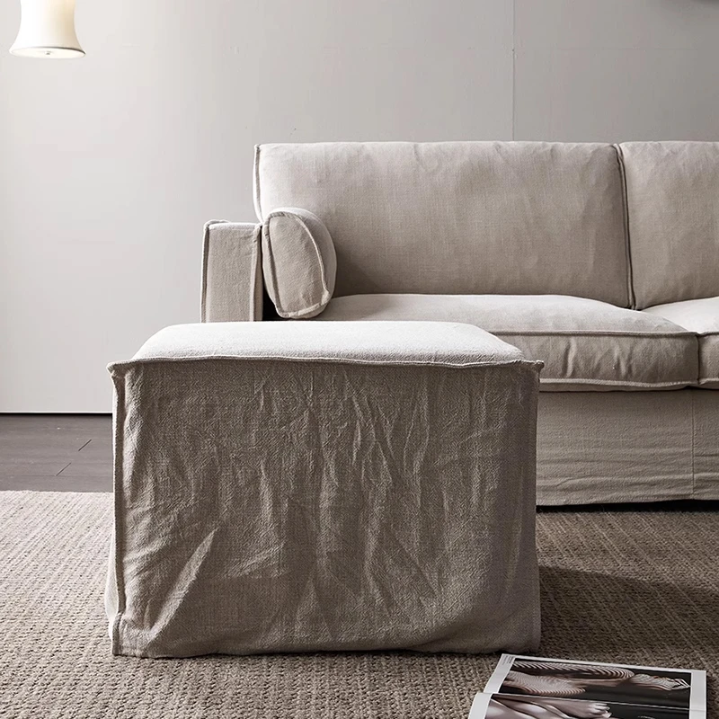 侘寂民宿风奶油豆腐日式北欧简约现代可拆洗亚麻布艺沙发脚踏坐墩