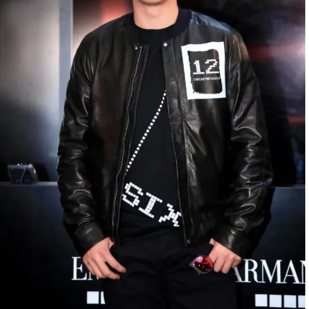 全新未使用 GIORGIO ARMANI/阿玛尼 男士黑色皮夹克124401潮流