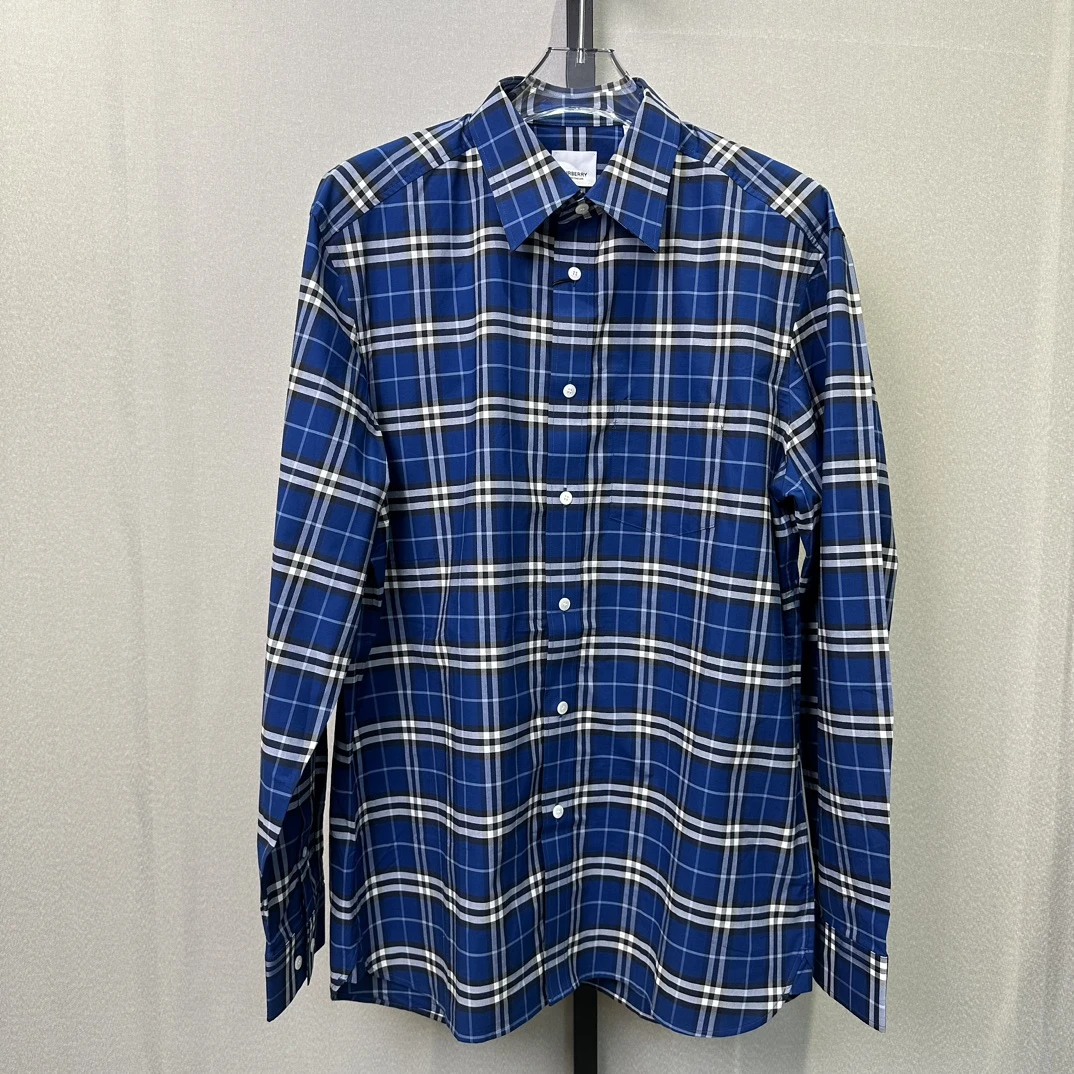 全新未使用 BURBERRY/博柏利 男款蓝色黑灰格纹长袖衬衫 115424