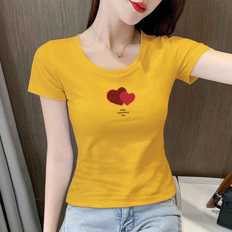 圆领短款夏季T恤女短袖修身打底衫夏黑色半袖百搭紧身上衣Tins