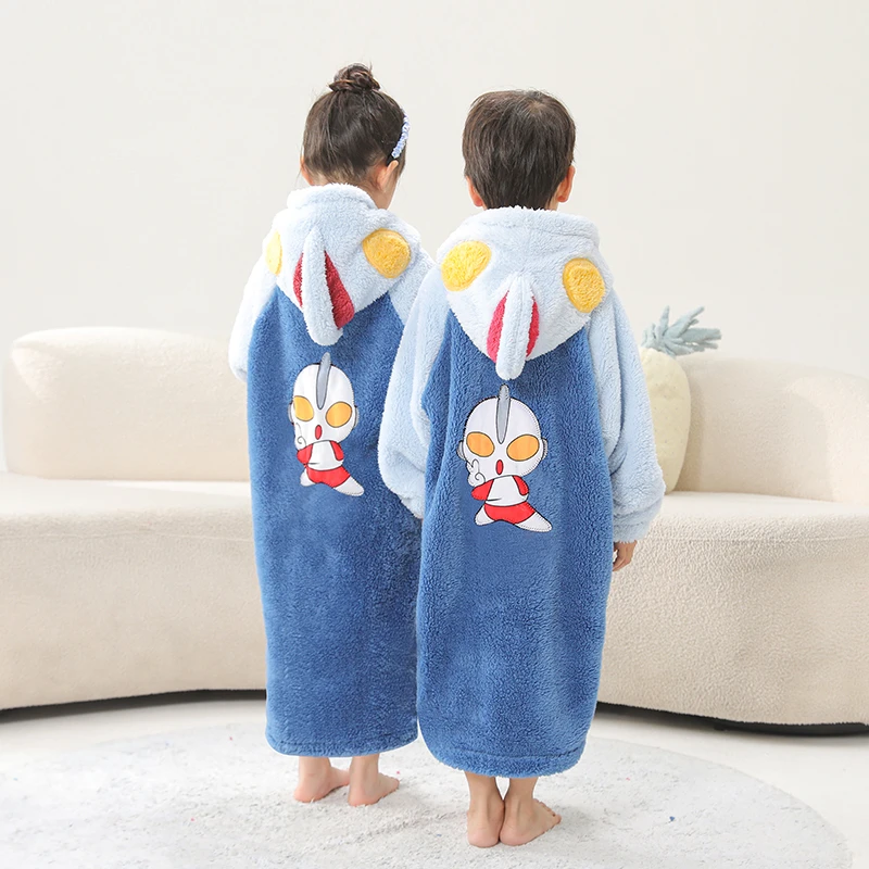 儿童加厚睡袍秋冬季法兰绒加长宝宝睡衣男童女童奥特曼浴袍家居服
