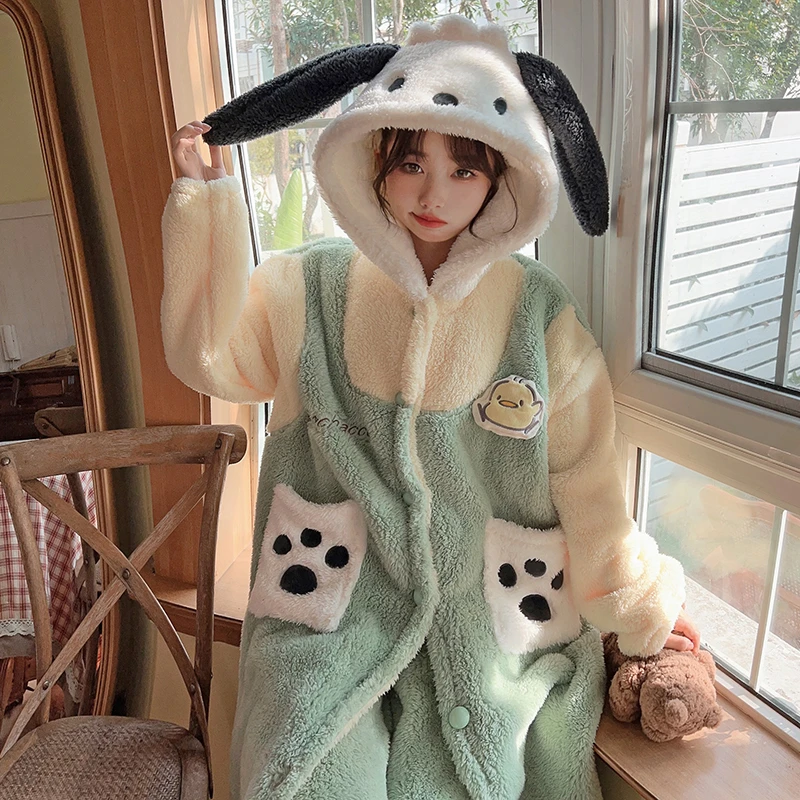 帕恰狗睡衣女秋冬珊瑚绒加绒加厚可爱睡袍ins学生卡通情侣家居服